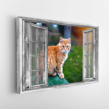 Cat 3D Window View Framed Home Decor Canvas & Poster