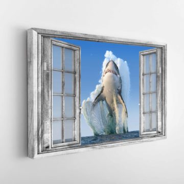 Shark 3D Window View Framed Home Decor Canvas & Poster