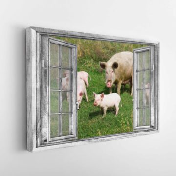 Pig 3D Window View Framed Home Decor Canvas & Poster